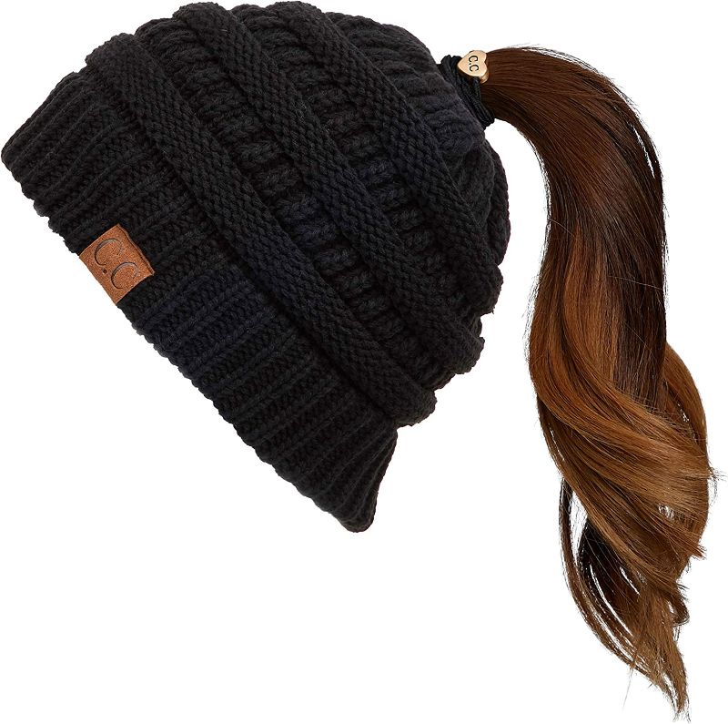 Photo 1 of C.C Exclusives Soft Stretch Cable Knit Messy Bun Ponytail Beanie Winter Hat for Women