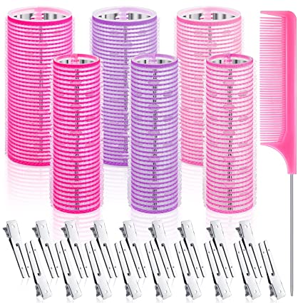 Photo 1 of 25 Pieces Aluminium Core Hair Rollers for Long Hair Set 6 Self Grip Hair Rollers 18 Duckbill Hair Clips Pink Comb Hairdressing Styling Tool for Women Girl, 3 Colors, 4.1 x 1.2 Inch, 4.7 x 2 Inch