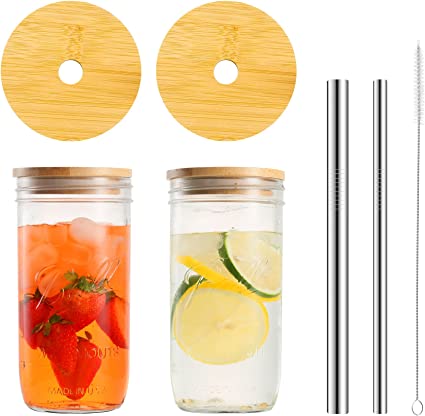 Photo 1 of 2 Pack Wide Mouth Mason Jar Lids, Bamboo Mason Jar Lids with Straw Hole, Reusable Ball Jar Lid with 1 Stainless Steel Boba Straw & 1 Stainless Steel Thin Straw, 1 Cleaning Brush