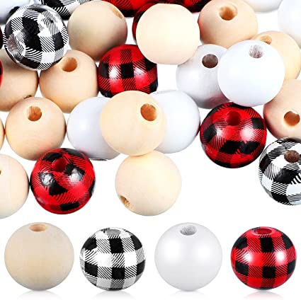 Photo 1 of 160 Pieces Plaid Wood Bead Natural Wood Beads Rustic Colored Craft Beads Farmhouse Round Bead DIY Spacer Bead for Christmas Garland Making Home Party Decor (Classic Colors)