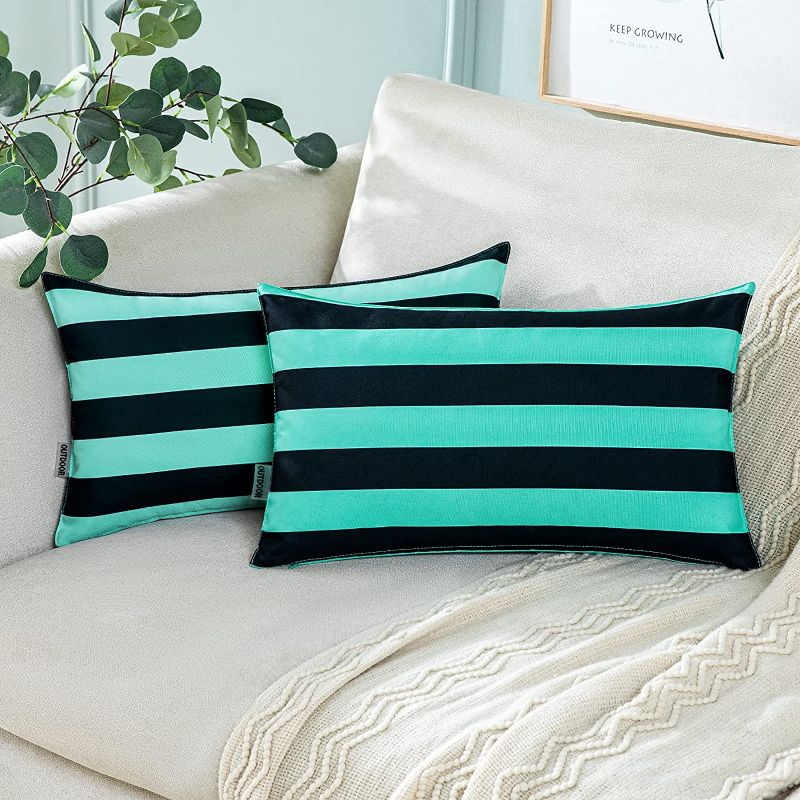 Photo 1 of 2 PACK (4 COVERS TOTAL) Pack of 2 Decorative Pillow Covers Striped Waterproof Throw Pillow Cases Outdoor Mordern Cushion Cases for Patio Spring Summer Couch Bench Garden 12x20 Inch Teal
--FACTORY SEALED BOX--