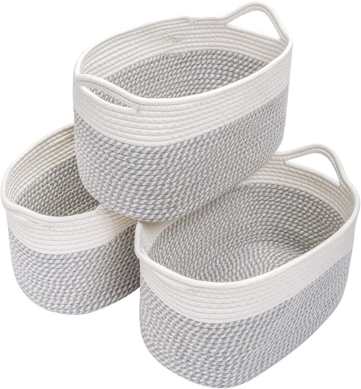 Photo 1 of  Oval Woven Basket Set of 3 Cotton Rope Basket with Handle Storage Baskets for Organizing Bins Organizer for Towel Book Cloth Dog Toys Closet Gift,...