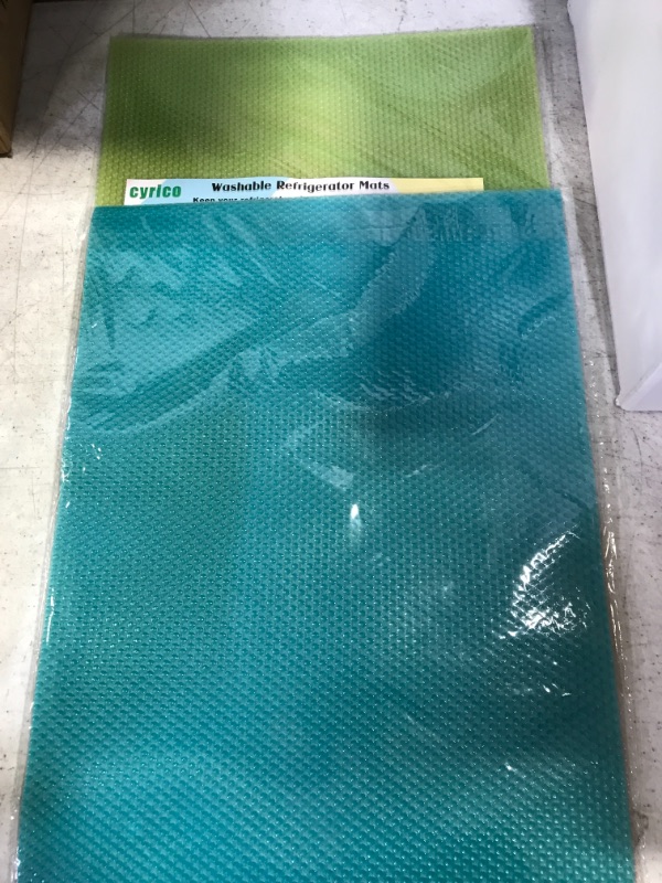 Photo 2 of 2 PACKS--8PCS (16 TOTAL) Refrigerator Liners, 12 x 17.7 Inch EVA Fridge Liner Refrigerator Mats Washable Shelf Liner Can Be Cut for Glass Shelves Kitchen Cabinet Drawer, Waterproof Table Plastic Placemats with 4 Colors (16) 4green + 4clear + 4blue + 4red