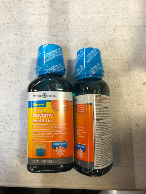 Photo 2 of  Amazon Basic Care Vapor Ice Daytime Severe Cold & Flu, Blue, Vapor Ice flavor, 12 Fl Oz  EXP:1/2023
FACTORY SEALED 2PACK 