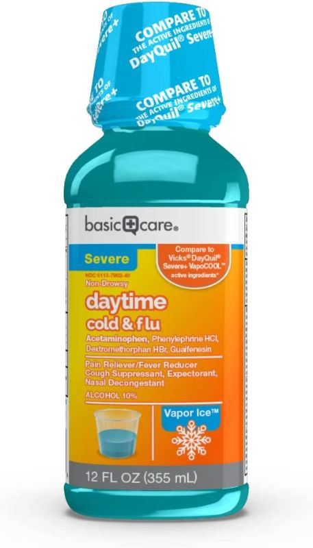 Photo 1 of  Amazon Basic Care Vapor Ice Daytime Severe Cold & Flu, Blue, Vapor Ice flavor, 12 Fl Oz  EXP:1/2023
FACTORY SEALED 2PACK 