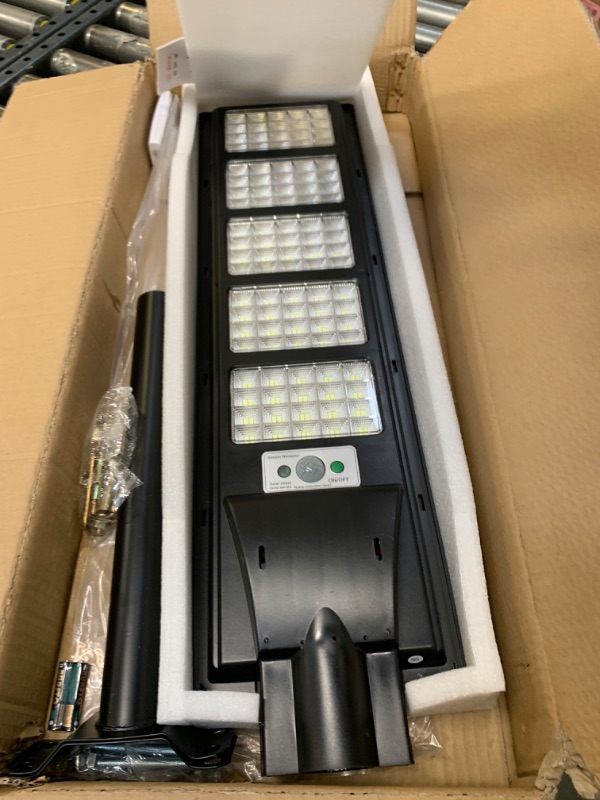 Photo 3 of 350W Solar Street Light Outdoor, 400LED Solar Flood Lights Outdoor Dusk to Dawn Motion Sensor, with Remote Control & Bracket, Security Solar Outdoor Lights IP66 Waterproof Lamp for Yard Garden Street --- Box Packaging Damaged, Moderate Use, Scratches and 