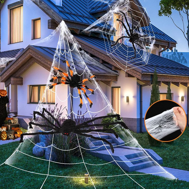Photo 1 of 2Pcs 200" Halloween Spider Web and 100'' Round Spider Web with 2Pcs 50'' Giant Spider and 30'' Fake Hairy Spider, Indoor Outdoor Scary Haunted House Spider Web Party Halloween Yard Decorations --FACTORY SEALED --
