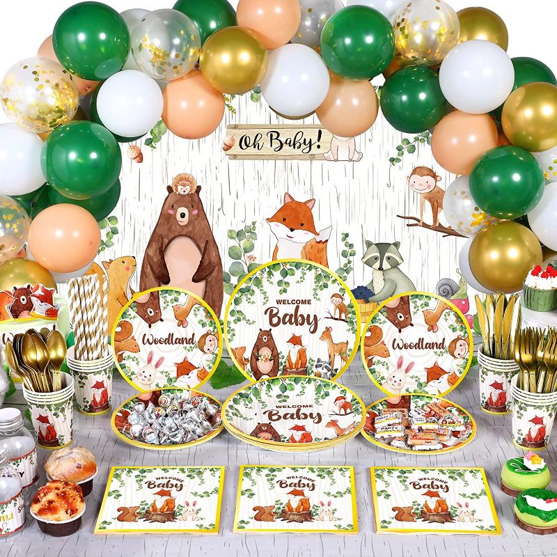 Photo 1 of 194 Pieces Woodland Baby Shower Party Supplies Woodland Creatures Tableware Set Forest Animal Friends Tablecloth Backdrop Balloon Garland Kit for Baby Shower Birthday Party Supplies Decoration   ---FACTORY SEALED --
