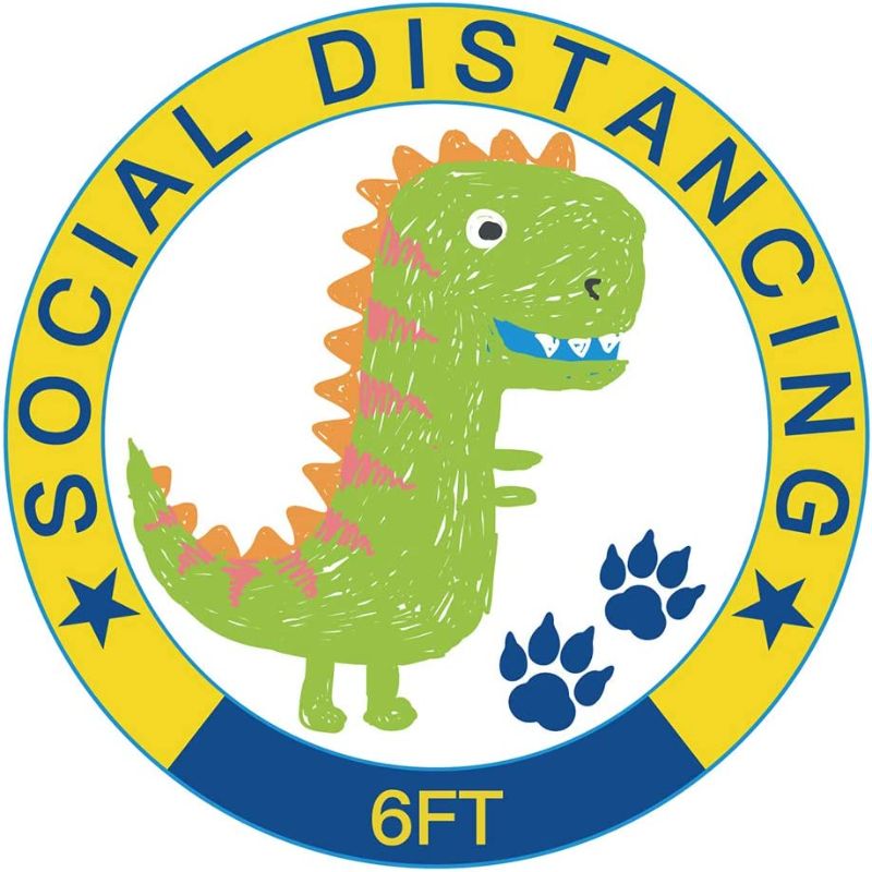 Photo 1 of 10 "-10 Pack- Cute Social Distancing Floor Stickers Decals for Kids - Wait Here Sign Distance of 6 Feet Sticker Markers for Crowd Control Guidance - (Yellow Dinosaur )
