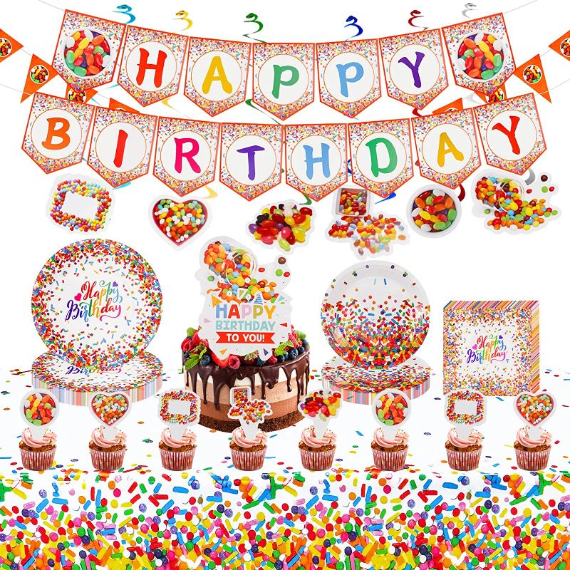 Photo 1 of 133Pcs Confetti Sprinkles Birthday Party Supplies Set, Plates, Napkins, Knives, Spoons, Forks, Table Cloth, Balloons, Happy Birthday Banner for Donut Themed Birthday Party Supplies

