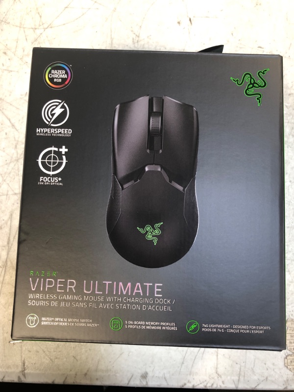 Photo 2 of Razer Viper Ultimate Hyperspeed Lightweight Wireless Gaming Mouse & RGB Charging Dock: Fastest Gaming Mouse Switch - 20K DPI Optical Sensor - Chroma Lighting - 8 Programmable Buttons - 70 Hr Battery
[[FACTORY SEALED]]
