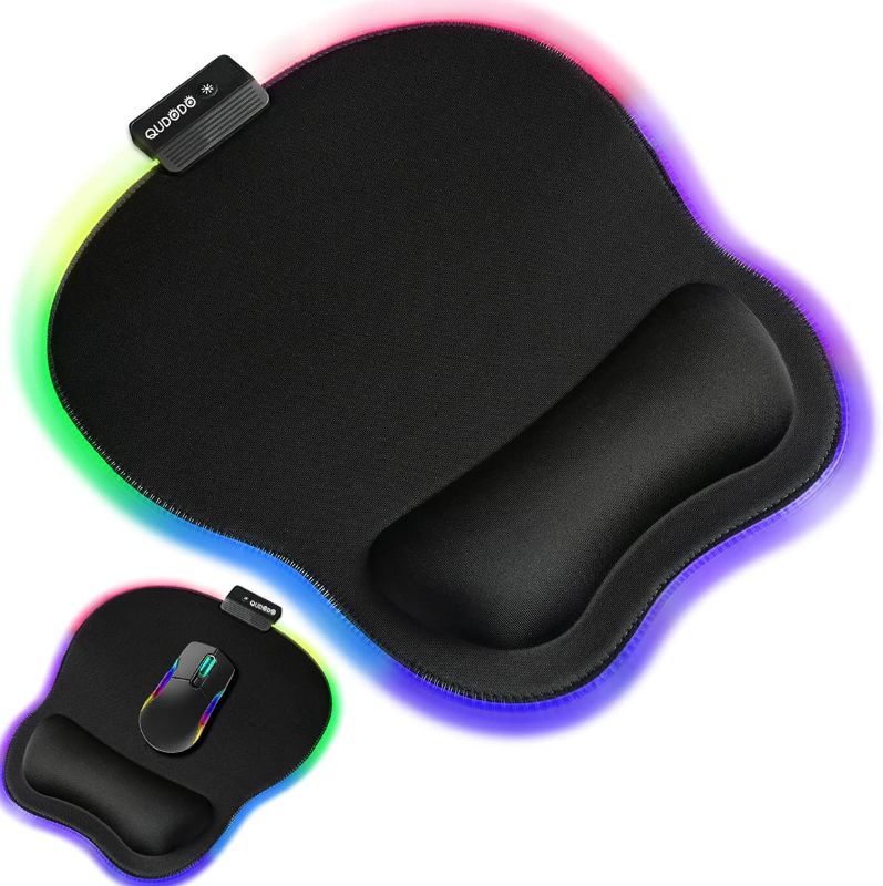 Photo 1 of Qudodo Mouse Pad with Wrist Support,RGB Ergonomic Mouse Pads with Lycra Fabric and Non-Slip PU Base,Static and Breathing Cycle,Mouse Pads for Desk,Home,Office,Gaming Mouse Pad with Pain Relief Design
