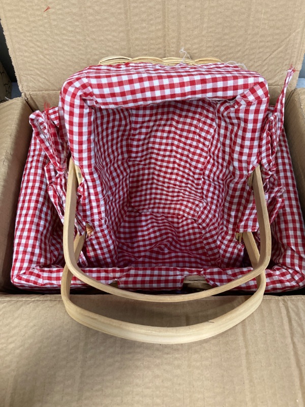 Photo 2 of Big Mo's Toys Picnic Basket - Woven Natural Woodchip Wicker Basket with Double Handles and Red and White Gingham Blanket Lining SET 