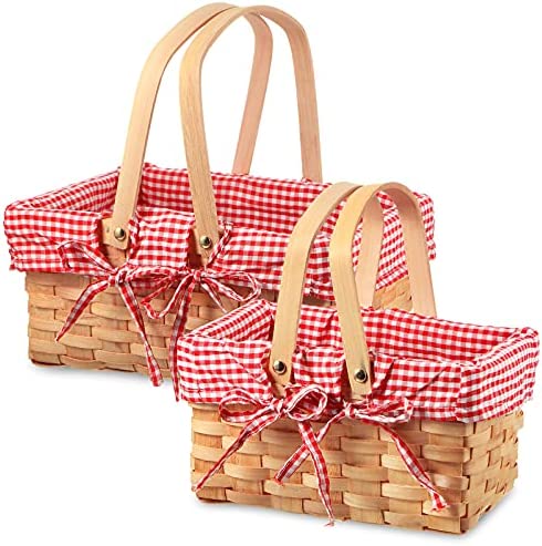 Photo 1 of Big Mo's Toys Picnic Basket - Woven Natural Woodchip Wicker Basket with Double Handles and Red and White Gingham Blanket Lining SET 