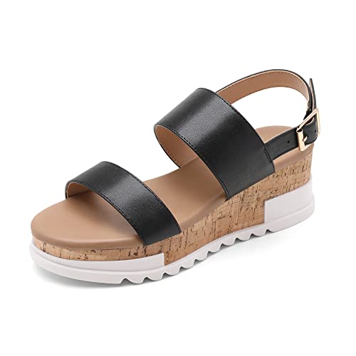 Photo 1 of DREAM PAIRS Women's Casual Summer Dressy Platform Sandals Buckle Ankle Strap Cute Raffia Wedge Shoes, Black/Pu, SIZE 10, Sdpw2221w
