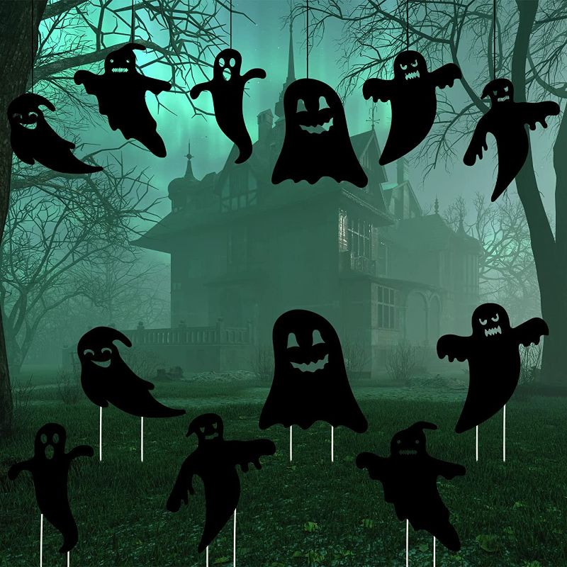 Photo 1 of 6 Pcs Halloween Ghost Yard Sign Scary Black Ghost Silhouette Yard Lawn Signs Zombie Halloween Yard Decorations Halloween Yard Signs with 12 Pcs Plastic Stakes for Outdoor Party Lawn Decor
