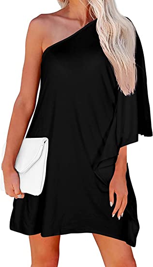 Photo 1 of DUTUT Women's Dresses One Shoulder Batwing Loose Casual Party Cocktail Mini Dress SIZE XL 
