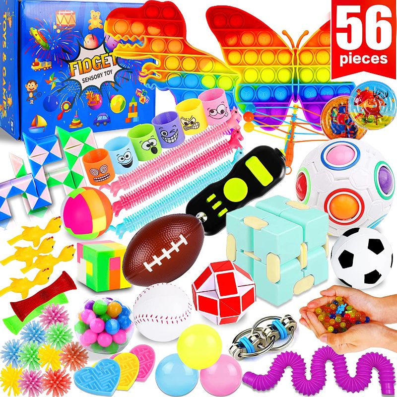 Photo 1 of (56 Pack) Fidget Sensory Toys, Party Favors Set, Classroom Treasure Box Chest Carnival Prizes Pinata Stuffer Pop Poppers Autism Stress Autistic Anxiety, Gift Bulk for Girls Boys Kids Teen Adults ADHD
