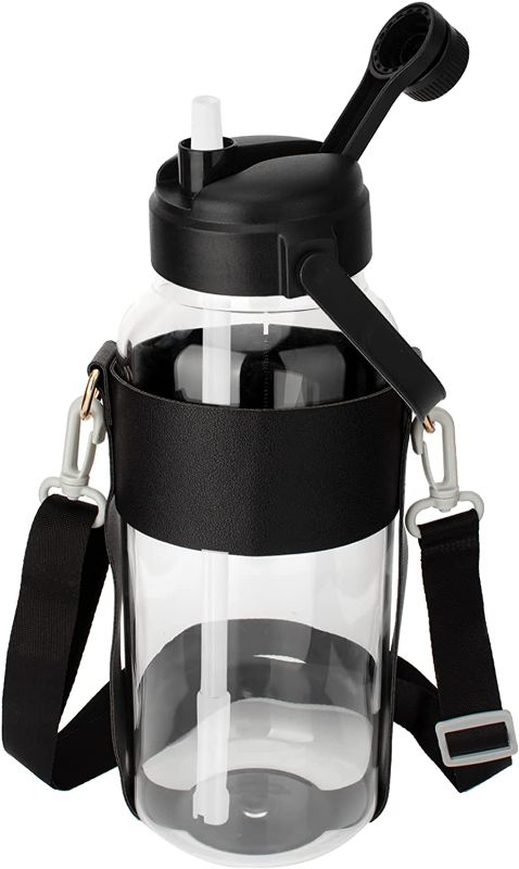 Photo 1 of Zenbo Glass Water Bottle 64 oz, Large Glass Water Bottle with Straw,Lid,Strap and Carrying Handle, Wide Mouth,LeakProof,BPA-Free,Black
