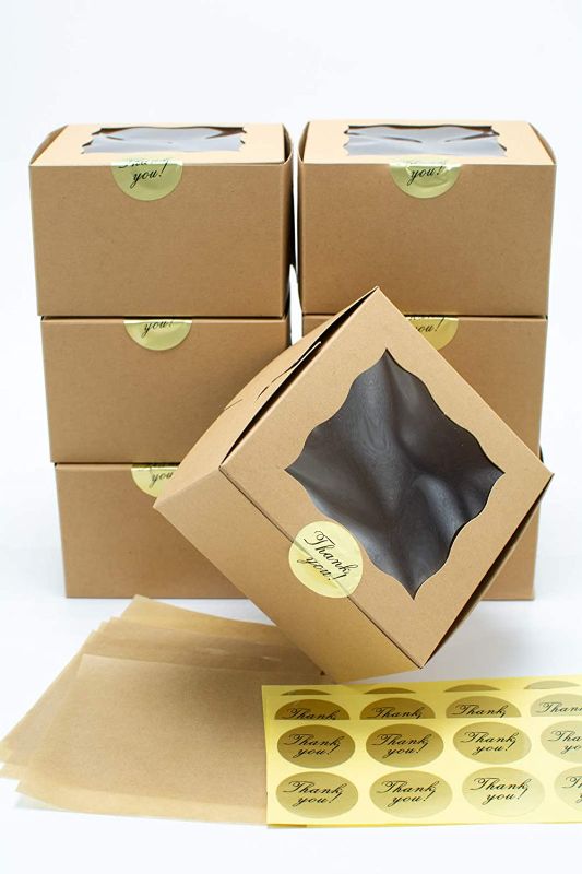 Photo 1 of 25 Pack Display Window Brown Bakery Boxes for Small Cake, Cookie, Dessert, Donut, Pie Slice, Pastry Durable Kraft Box for Gift Giving (6 x 6 x 3 inches) Stickers and Parchment Paper Included
