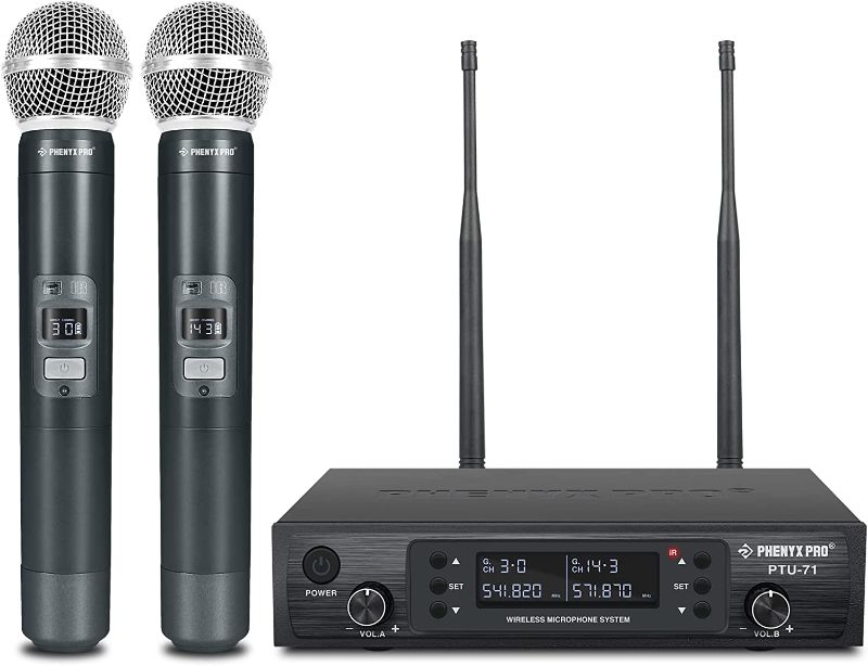 Photo 1 of Wireless Microphone System, Phenyx Pro Dual Wireless Mics, w/ 2 Handheld Dynamic Microphones, 2x100 Adjustable UHF Channels, Auto Scan, 328ft Range, Microphone for Singing, Karaoke, Church (PTU-71A)
