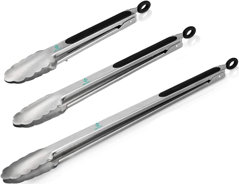 Photo 1 of 3 Pack BBQ Tongs for Grilling, 7" & 9" & 12" Kitchen Cooking Stainless Steel Heavy Duty Locking Grill Tongs with Soft Grip Silicone Handle
