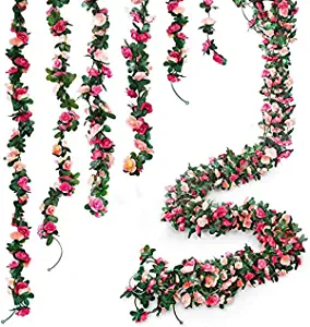 Photo 1 of AnoKe 6pcs 49 FT Rose Vine Flowers Garland Plants- BSTC Artificial Fake Rose Vine Flowers Ivy Garlands Hanging Rose Ivy for Wedding Party Garden Wall Decoration Silk Flowers, Pink
