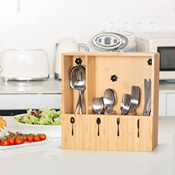 Photo 1 of Bamboo Kitchen Utensil Holder for Countertop - Wall Mount Available - Cooking Utensil Caddy with 4 Compartments, Farmhouse Kitchen Decor, Wooden Utensil Organizer for counter

