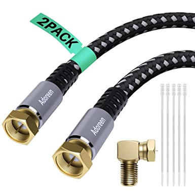 Photo 1 of Coaxial Cable 15 ft-2 Pack, Adoreen Quad Shielded RG6 Coax Cable Cord, Male F Gold-Plated Nylon-Braided, in-Wall, Digital TV Aerial AV Antenna Satellite with 90 Degree Male to Female Adapter+15 Ties
