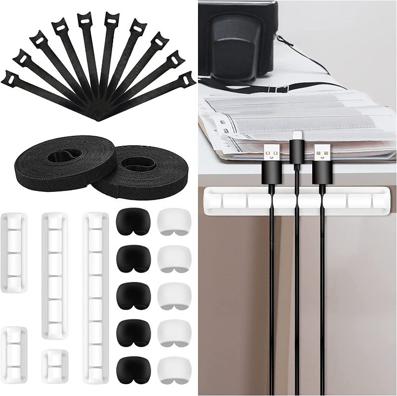 Photo 1 of 36PCS Cable Management Organizer Kit, 10 Self Adhesive Cable Clip, 10PCS +2 Rolls Cable Self Adhesive Ties, 10PCS Mini Cord Organizer, 1 Roll Double-Sided Tape for TV PC Computer Desk Office