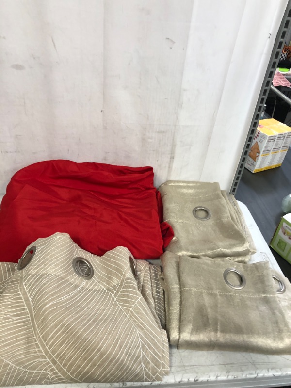 Photo 1 of 4PC LOT, VARIOUS CURTAINS (SIZES UNKNOWN), 1 LARGE RED TABLE CLOTH (SIZE UNKNOWN)
