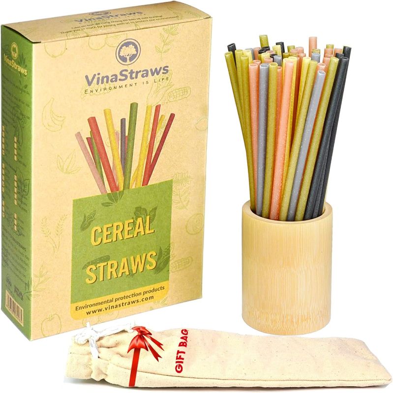 Photo 1 of 150 Pcs Biodegradable Cereal Straws, Multi Colorful Dringking Straw Pack with Gift Canvas Bag, Eco Friendly Compostable, Alternative to Plastic Straws
