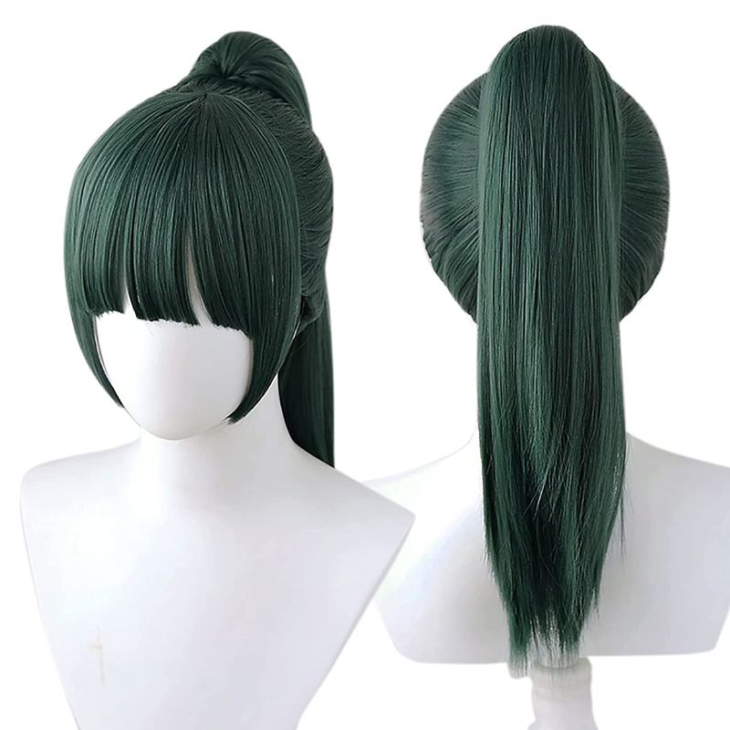 Photo 2 of Ebingoo Green Wig for Women +Wig Cap Short Straight Wig with Ponytail Cosplay Wig for Halloween Cosplay Anime Party
