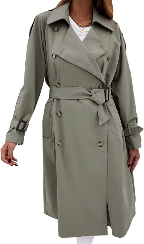 Photo 1 of GZYIGE Women's Double Breasted Long Trench Coat Long Sleeve Windproof Classic Lapel Slim Overcoat with Belt - MEDIUM -