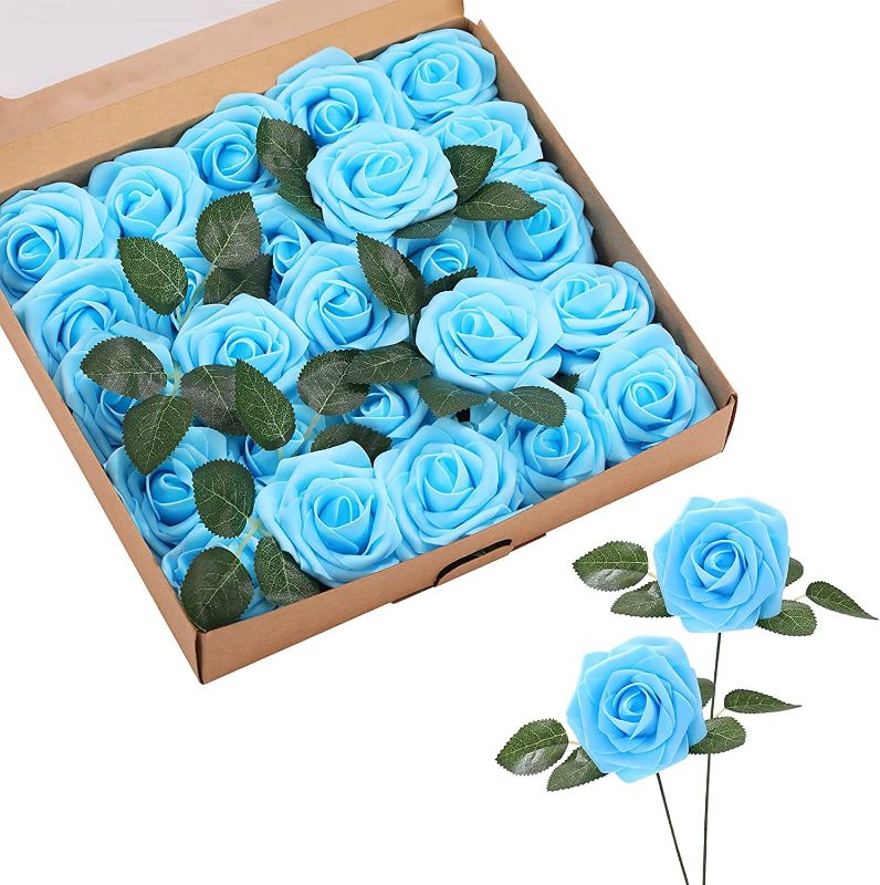Photo 1 of ASYOUWISH Artificial Flowers 25pcs Real Touch Fake Rose with Stems Foam Roses Bulk for DIY Wedding Bouquets Centerpieces Arrangements Party Baby Shower Home Decorations, Blue
