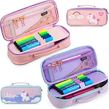 Photo 1 of 2 Pcs Unicorn Pencil Case for Girls Cute Pencil Pouch Medium Capacity Portable Kids Teen Multifunction Pencil Bag with Zipper Handle Pencil Box for Office College School, Purple and Pink