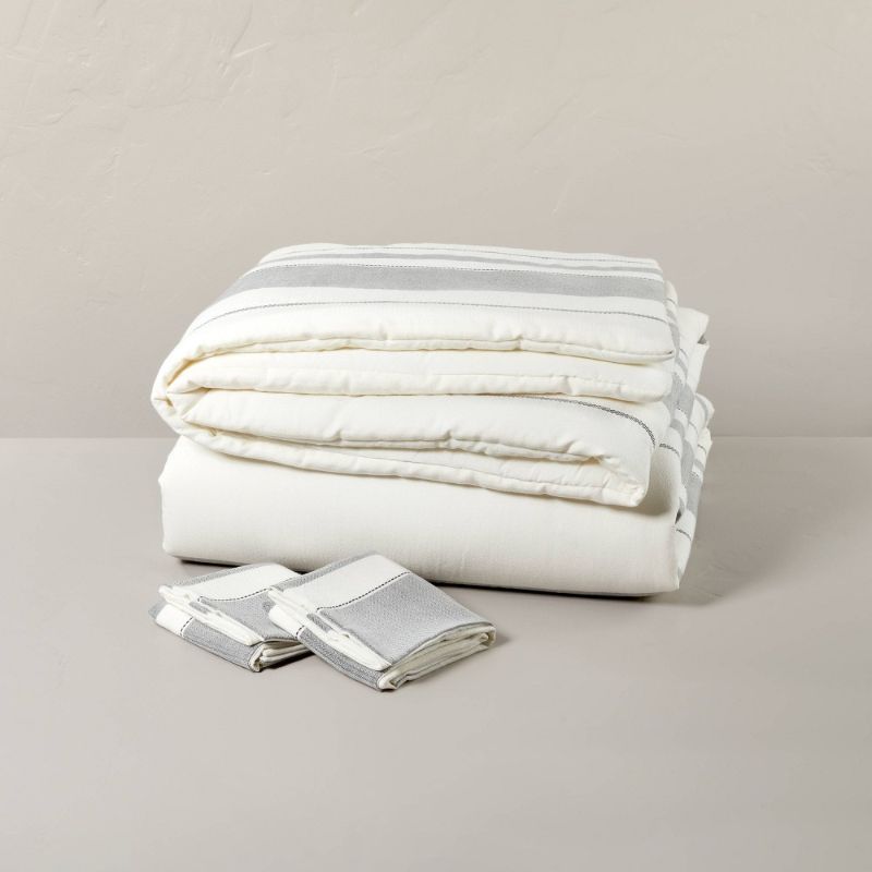 Photo 1 of 3pc Full/Queen Herringbone Stripe Comforter &#38; Sham Set Railroad Gray/Sour Cream - Hearth &#38; Hand&#8482; with Magnolia