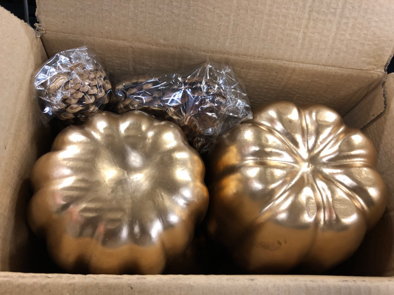 Photo 2 of 12 pcs Assorted Sizes Gold Artificial Pumpkins Faux Foam Autumn Pumpkins with 24 pcs Acorns and 6 pcs Pinecones for Halloween Thanksgiving Table Fall Harvest Home Decorations 12 Pcs Golden Pumpkins