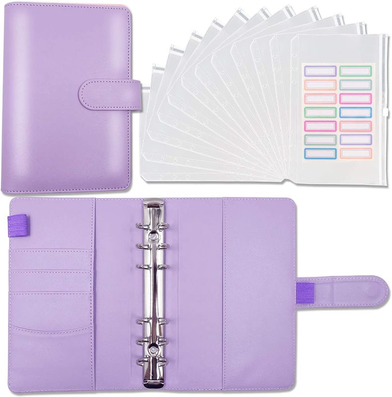 Photo 1 of A6 PU Leather Notebook Binder with 12pcs Plastic Binder Pockets, Loose Leaf 6 Ring Binder, Budget Envelope System, Budget Envelopes, Binder Cover with Magnetic Buckle Closure - Purple