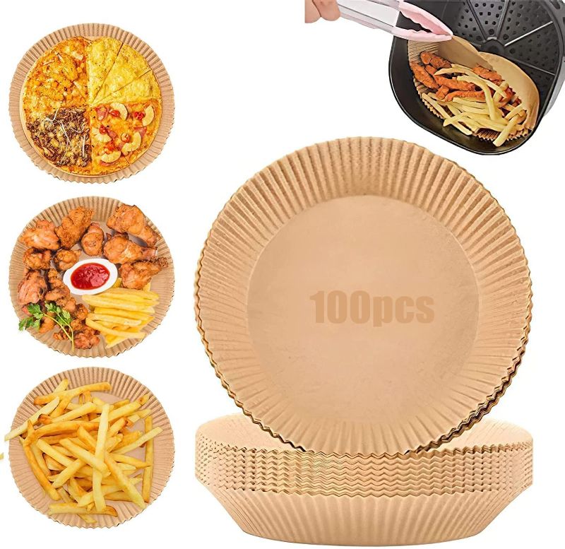 Photo 1 of Air Fryer Disposable Paper Liner, 100PCS Non-stick Disposable Air Fryer Liners, Oil-proof, Water-proof, Parchment Baking Paper Sheets for Baking Roasting Frying Microwave (Original Wood Color-100 PCS)