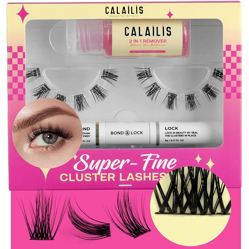 Photo 1 of DIY Eyelash Extension,CALAILIS Individual Cluster Lashes Kit,Natural Look Glue Bonded Black Super Thin Band With 12 Individual Eyelashes,Applicator,Eyelash Glue Remover and Bond & Seal(A05-16mm)