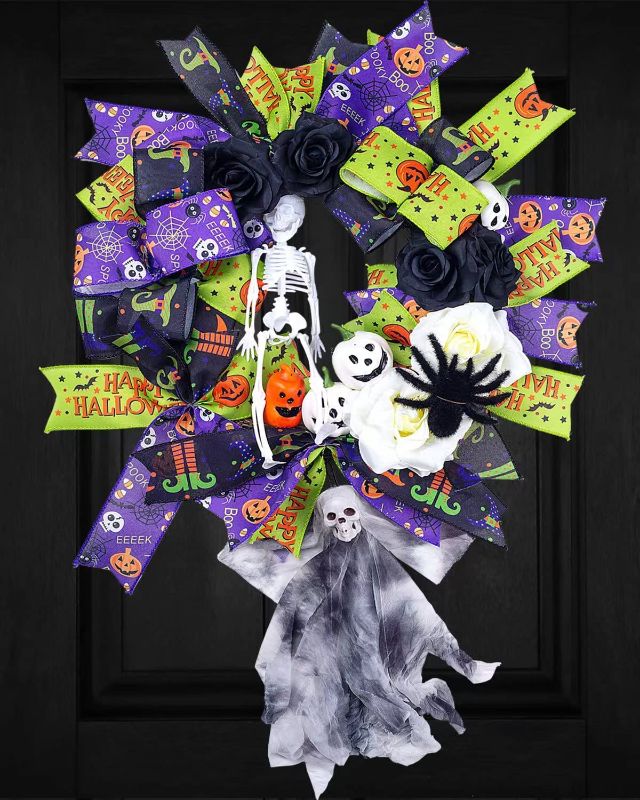 Photo 1 of WREATHOME Halloween Wreaths for Front Door,20 Inch Halloween Party Decorations with Scary Skeleton Ghost Spider
