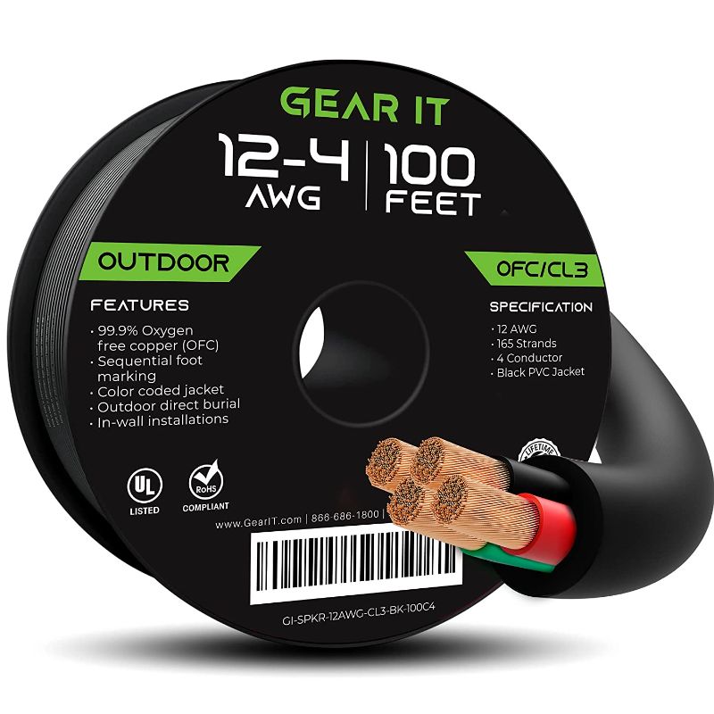 Photo 1 of GearIT 12/4 Speaker Wire (100 Feet) 12AWG Gauge, Black 4-Conductors/Outdoor Direct Burial in Ground/in Wall / CL3 CL2 Rated - OFC Oxygen-Free Copper, Black 100ft
