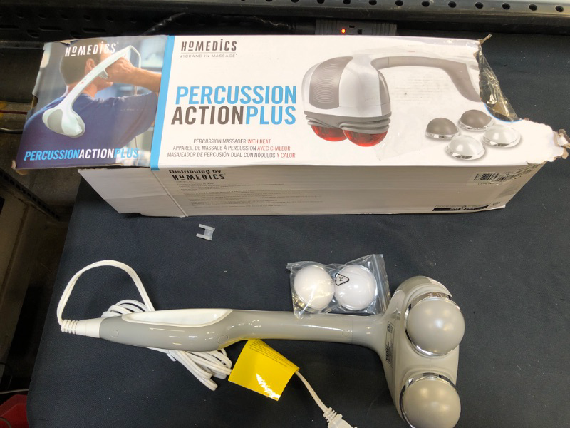 Photo 2 of Homedics Back Massager, Heated Automatic Percussion Back, Body and Neck Massager with Duel Pivoting Heads, Interchangeable Nodes. Great for Shoulders, Legs and Feet as well., White ( BOX HAS MINOR DAMAGE ) 
