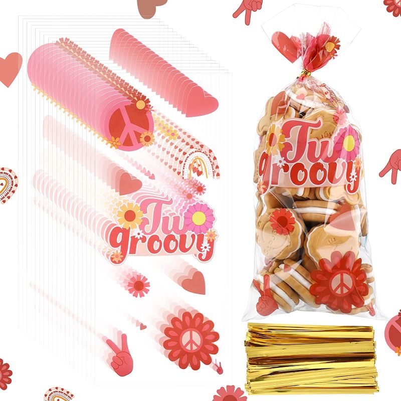 Photo 1 of 100 Pcs Groovy Retro Hippie Cellophane Bags Birthday Treat Goodie Candy Bags Two Groovy Party Decorations Rainbow Party Favor Bags Boho Gift Bags with 100 Gold Twist Ties for Baby Girl Party Supplies ( PACK OF 5  ) 
