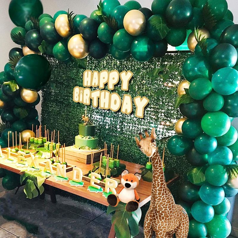 Photo 1 of 138pcs Jungle Theme Party Supplies :Green Balloon Garland Arch Kit with 23 Green Palm Leaves for Birthdays, Baby Shower, Safari Party Decorations
