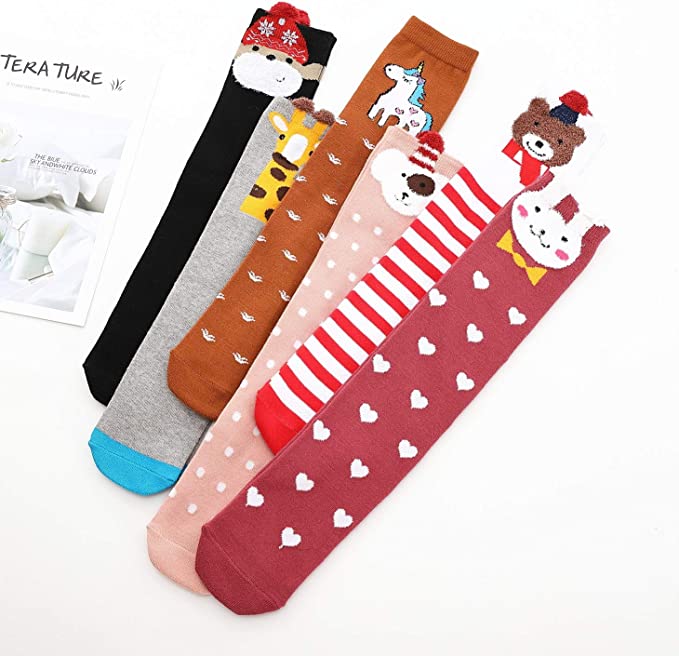 Photo 1 of Flanhiri Kids Toddler Girls Knee High Socks Cartoon Animal Warm Cotton Stockings-- 6 Pairs 