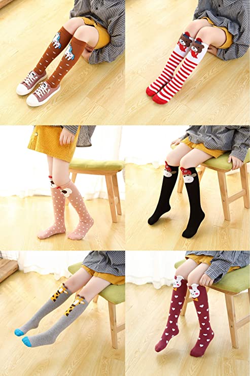 Photo 1 of Flanhiri Kids Toddler Girls Knee High Socks Cartoon Animal Warm Cotton Stockings-- 6 Pairs 