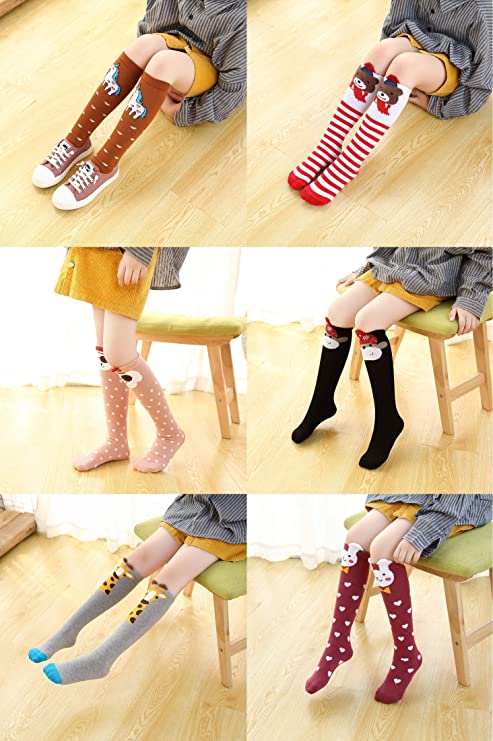 Photo 3 of Flanhiri Kids Toddler Girls Knee High Socks Cartoon Animal Warm Cotton Stockings-- 6 Pairs 