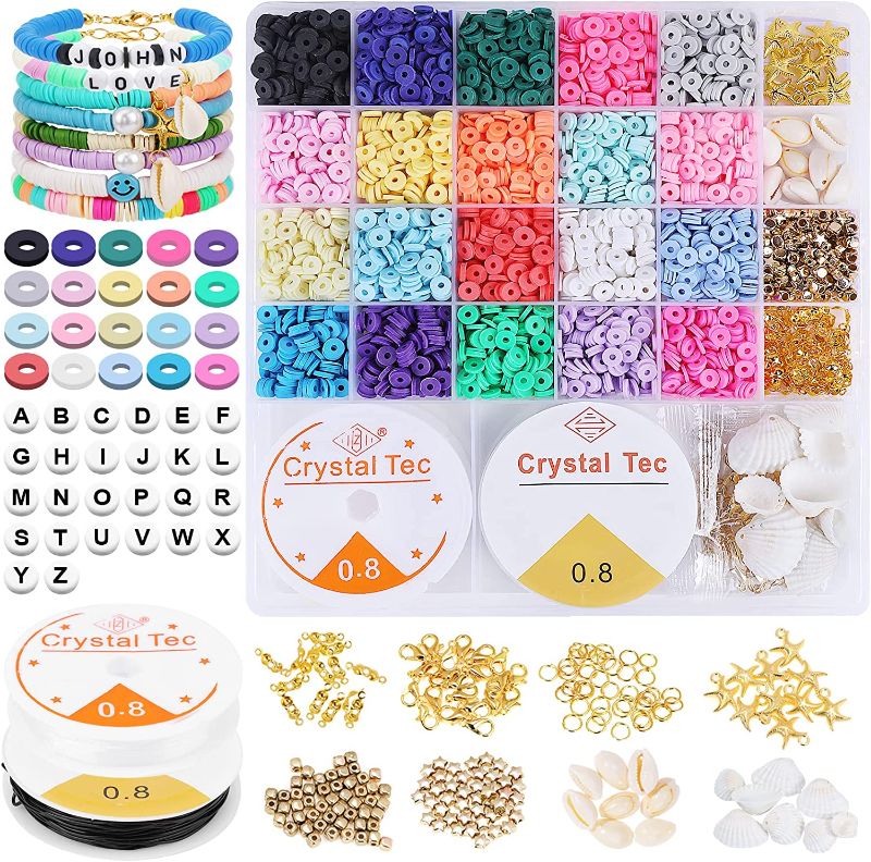 Photo 1 of 5500+ Pcs Polymer Clay Spacer Beads, 6mm Flat Round Heishi Beads Handmade Colorful Beads Set for DIY Jewellery Earring Necklace Bracelet Craft Making with 210 Pcs Letter Round Beads A-Z
